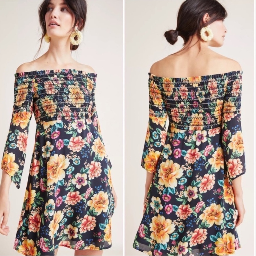 Farm Rio x Anthropologie Sasha Off-Shoulder Flroal Smocked Dress New Size Small - Picture 13 of 13
